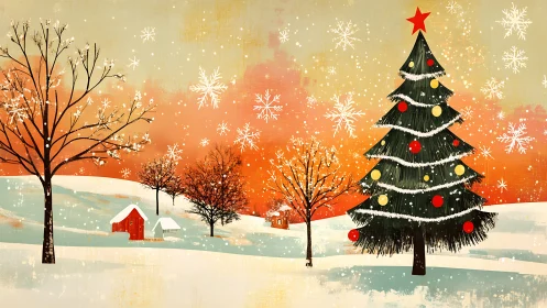 Snowlit Christmas tree crowns a glowing winter hillside village.