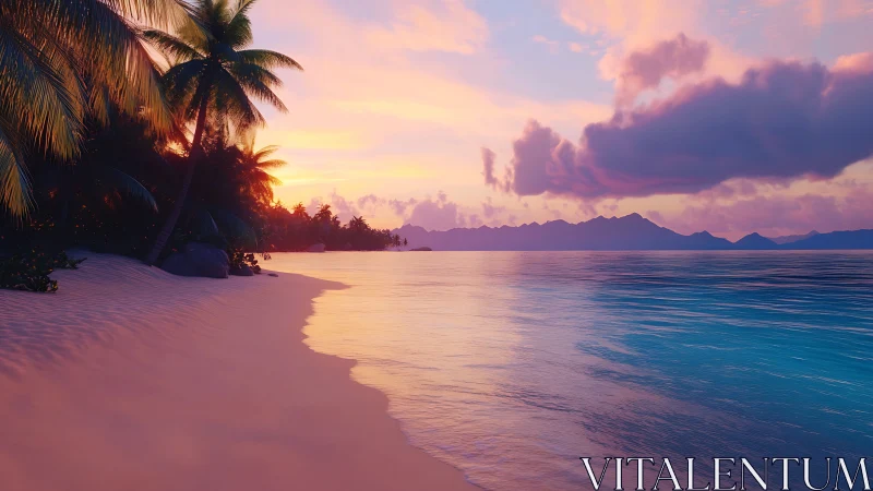 Tropical Sunset Over Pink Sand Beach with Palm Silhouettes.