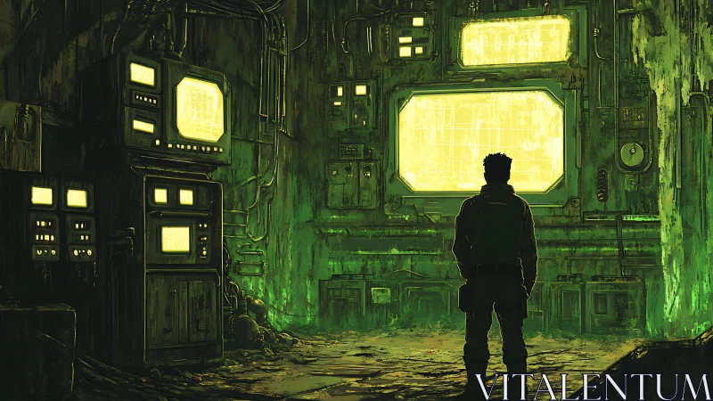 Lone figure in cyberpunk control room with green monitors.