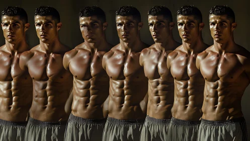 Echoed athlete torsos march in bronzed, rhythmic formation