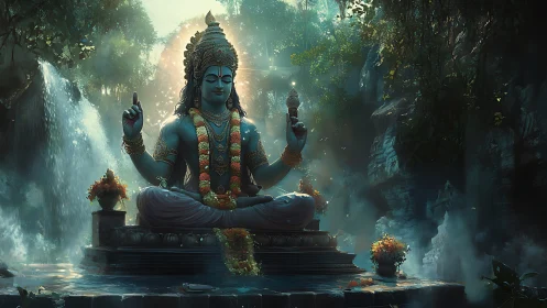 Forest deity in luminous meditation beside misty waterfalls.
