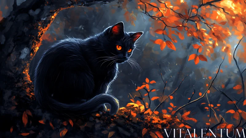 Mystical Black Cat with Fiery Eyes in an Autumn Forest.