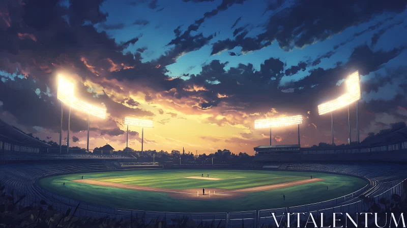 Baseball stadium under floodlights at sunset sky panorama.