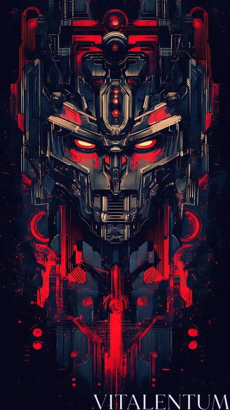 Neon inferno war-mask in symmetrical cybernetic totem design.