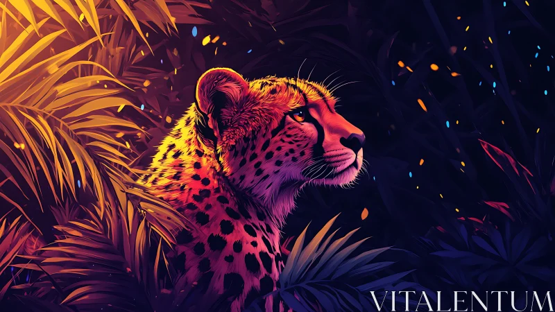Neon-illuminated cheetah profile against dark tropical foliage backdrop.