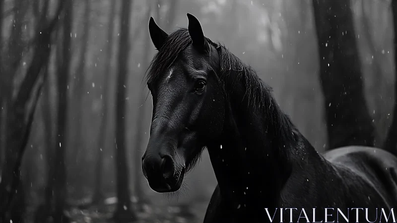 Midnight horse watches snowfall in a haunting shadowed forest.
