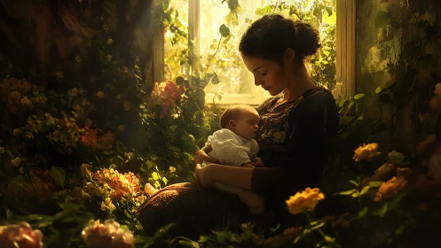 A Mother's Quiet Garden Moment with Her Newborn