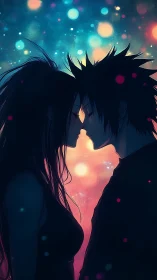 Silhouetted couple in profile against blurred bokeh lights.