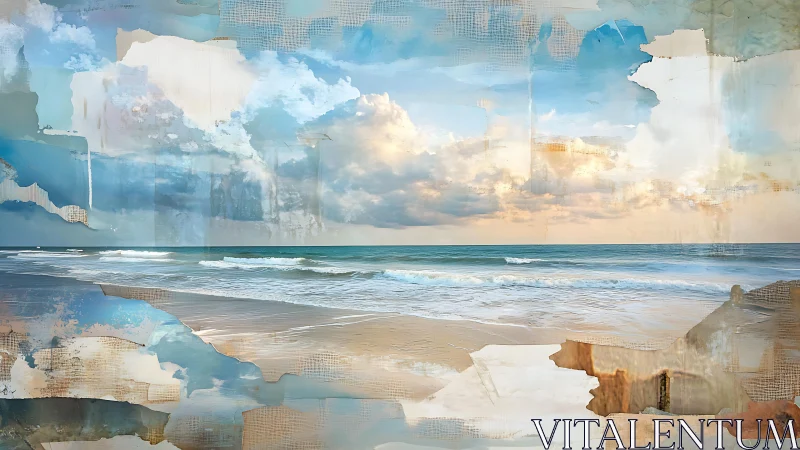 Layered coastal seascape blends realism with abstract forms.