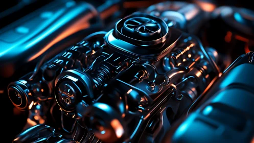 Chromed performance engine under neon rim lighting detail.
