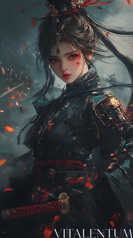 Armored female warrior with sword amid embers in dusk.