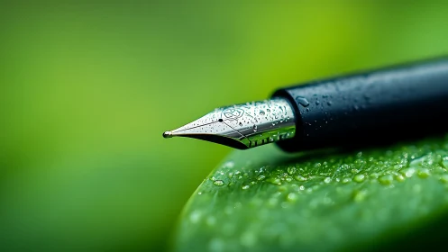 Macro study of steel fountain pen nib resting on wet leaf.