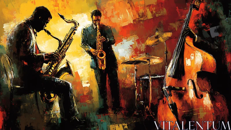 Jazz quartet performs amid fiery abstract strokes of color.