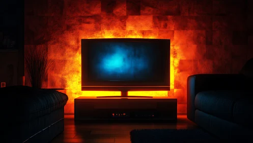 Modern living room with saturated orange accent lighting behind television