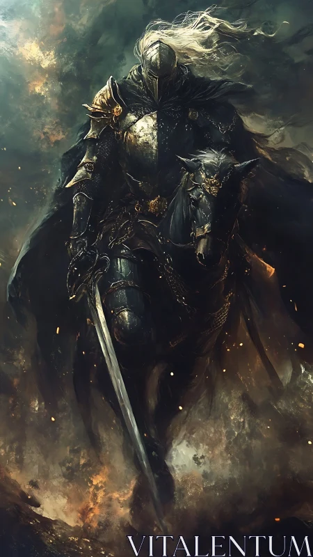 Dark armored knight rides warhorse through burning smoke