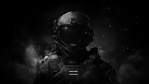 Armored space soldier in black tactical exosuit portrait.