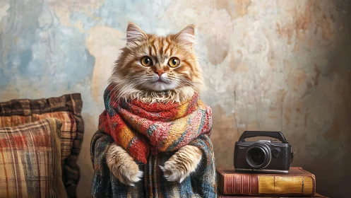 Fluffy Cat in Red Scarf with Vintage Camera Setup.