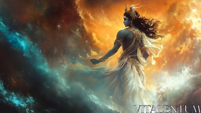 Celestial deity strides through swirling cosmic fire and mist