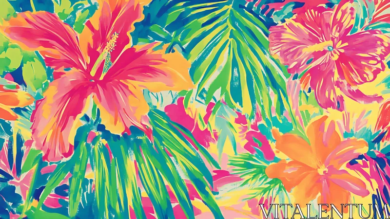 Vibrant Floral Composition with Tropical Hibiscus and Layered Palm Fronds
