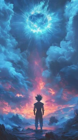 Celestial plasma core above lone anime warrior horizon.