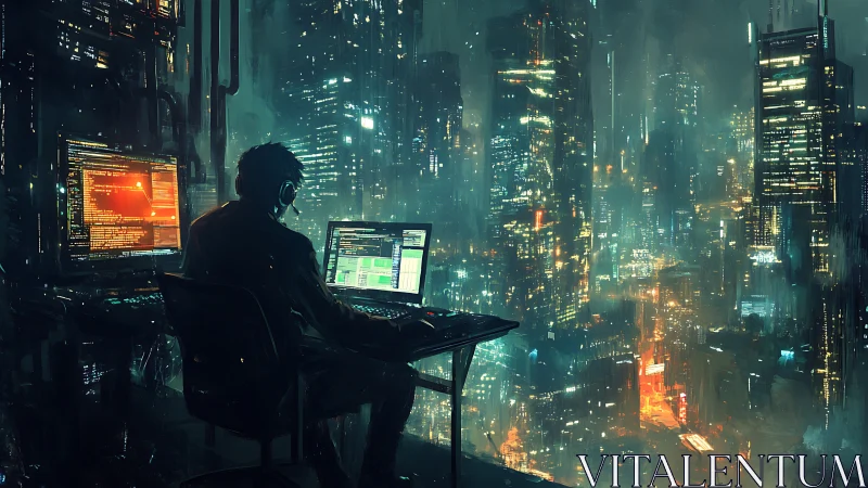 Solitary programmer works at dual monitors above neon city