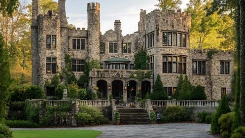 Stone castle-style manor with towers and formal gardens.