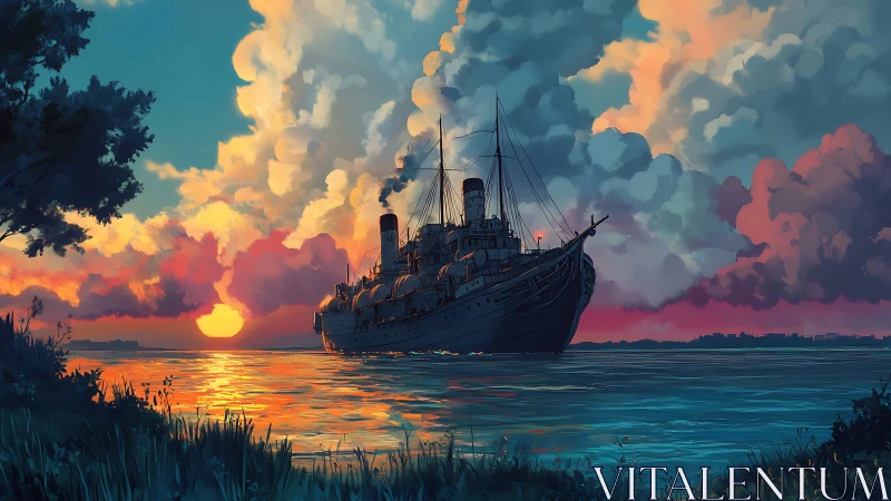 Sunset cruise ship glides across glowing, tranquil waters