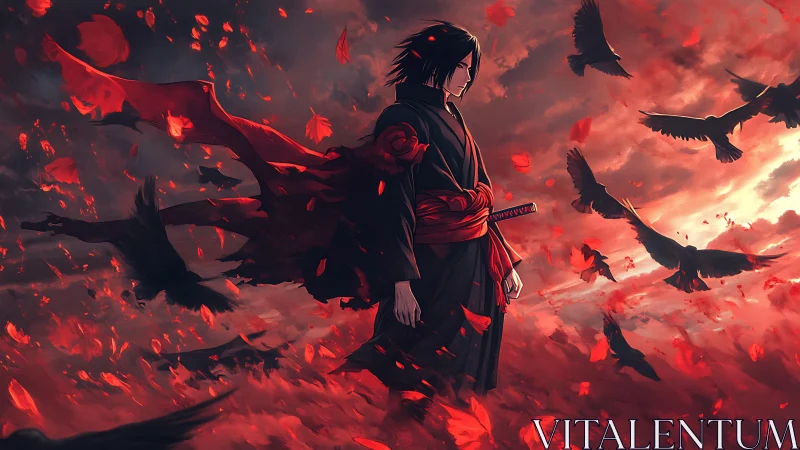 Dark swordsman walks through storm of crows and embers