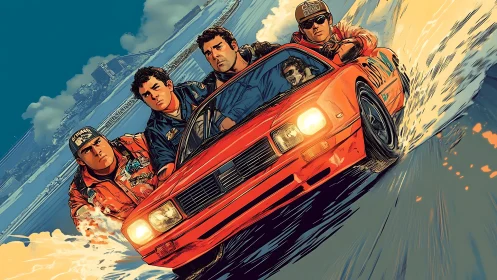 Street racers drift red coupe through blazing waterfront turn.