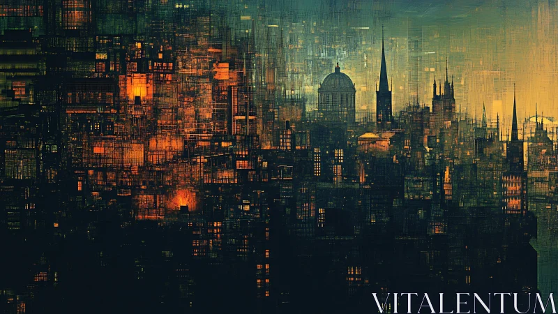 Computational dusk skyline with data-grid illuminated towers.