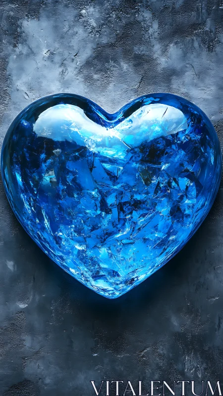 Luminescent Blue Heart Ice Sculpture Glows Against Weathered Stone.