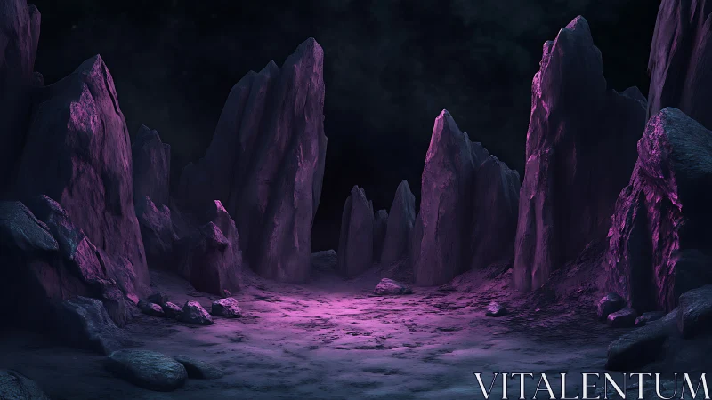 Luminous violet rock canyon glows under dark alien sky