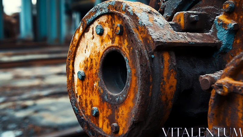Rusty circular metal machinery part shows heavy corrosion