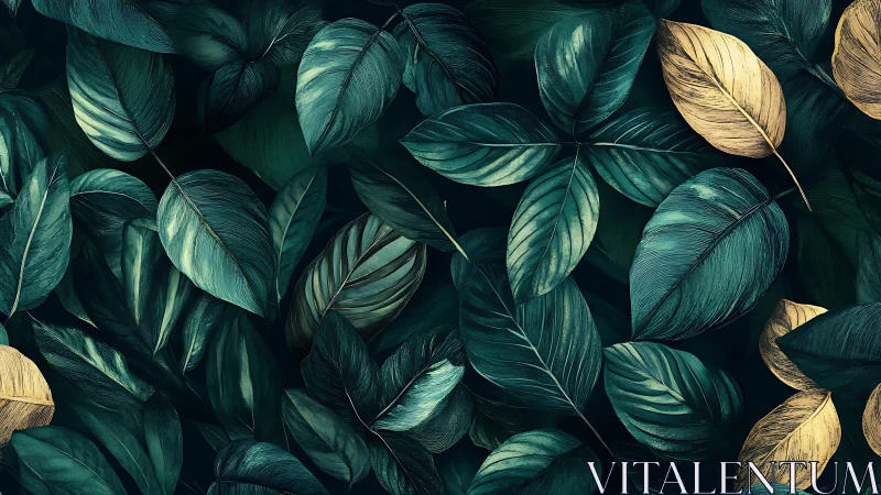Dense teal and gold tropical leaves pattern artwork.