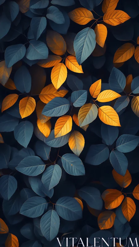 Golden foliage contrasts with deep teal botanical canopy.