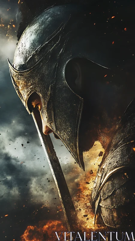 Side profile of armored warrior in burning battle scene.