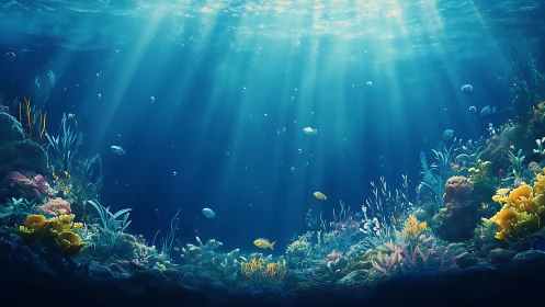 Sunlit underwater coral reef scene with diverse marine life.