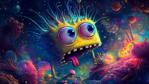 Goofy cosmic monster explores a neon alien dreamscape