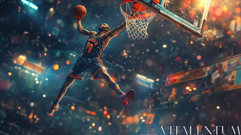 Basketball player soars for powerful dunk under arena lights