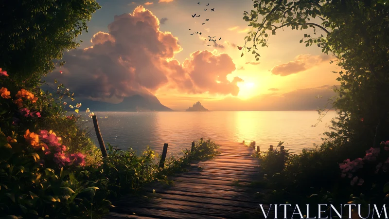 Wooden pier at sunset surrounded by flowers and mountains.