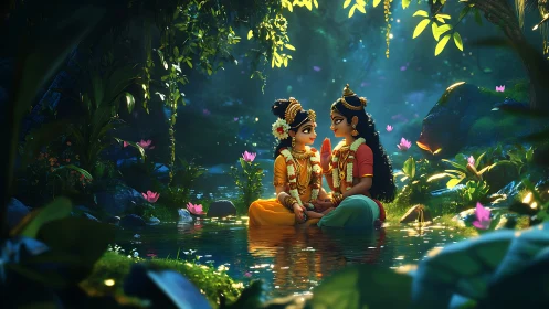 Gentle river conversation under glowing forest canopy.