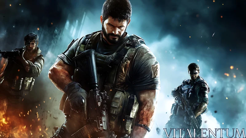 Heavily armed soldier stands foreground between two fighters