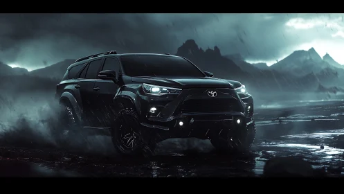 Off-road SUV rendered in cinematic storm lighting on wet terrain
