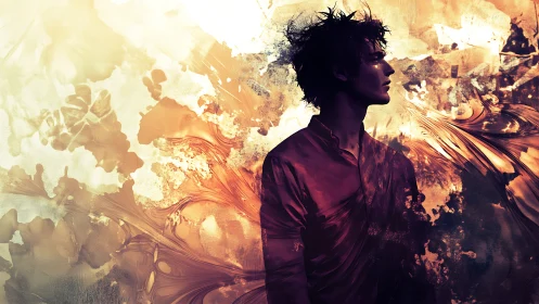 Solitary silhouette bathed in molten abstract lightscape.