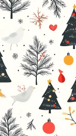 Nordic winter birds and Christmas trees seamless pattern.
