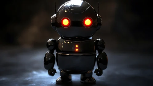 Chrome-eyed pocket robot glowing softly in neon dusk.