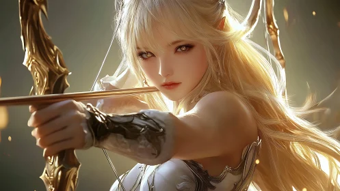 Elf archer draws ornate bow with focused golden gaze.