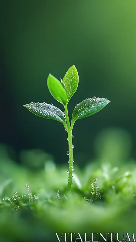 Macro study of dew-covered seedling with shallow depth of field