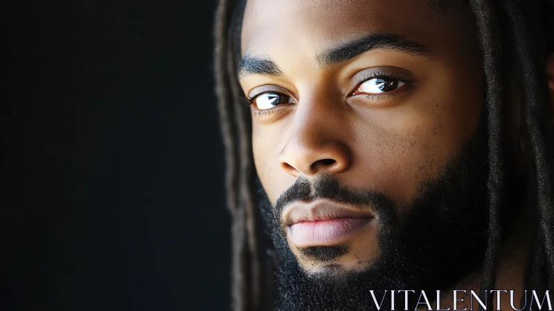 Gaze of quiet fire in a close-up bearded portrait study.