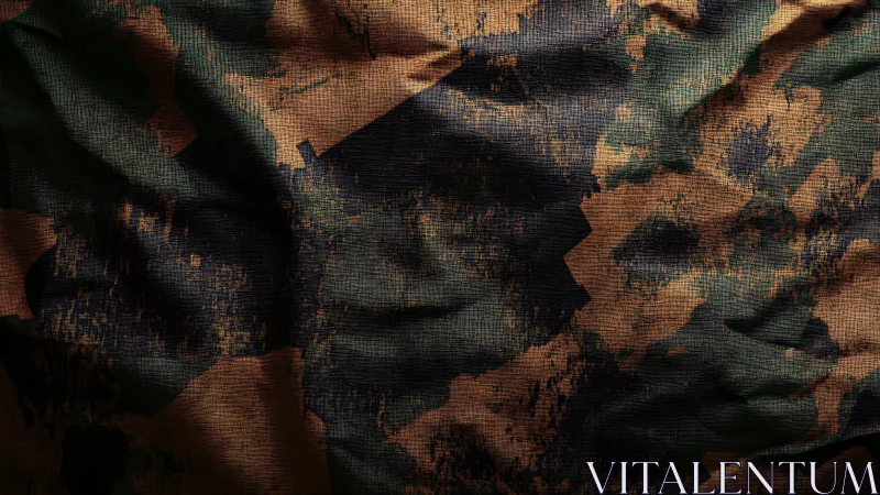 Textured camouflage fabric surface shows worn printed pattern